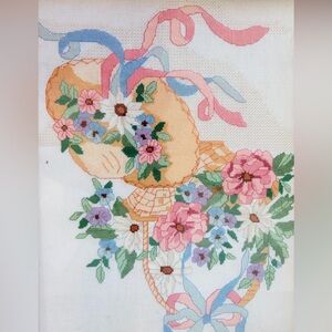 Vintage 80s Framed Cottagecore Cross-Stitch Flower Basket, Sun Bonnet Hat